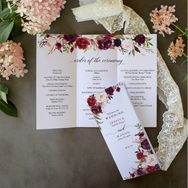 Editable Burgundy Marsala Tri-Fold Wedding Program (Creator Uploaded)