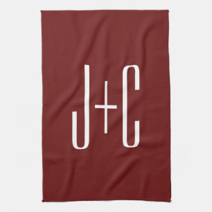 Editable Burgundy Red Background & White Text  Kitchen Towel