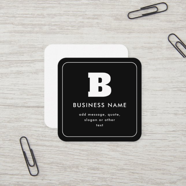 Editable Business Name & Slogan | Black & White Square Business Card (Front/Back In Situ)