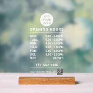 Editable Business Opening Hours logo and qr code Acrylic Sign