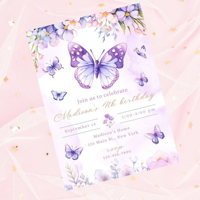 Editable butterfly birthday invitation purple (Creator Uploaded)