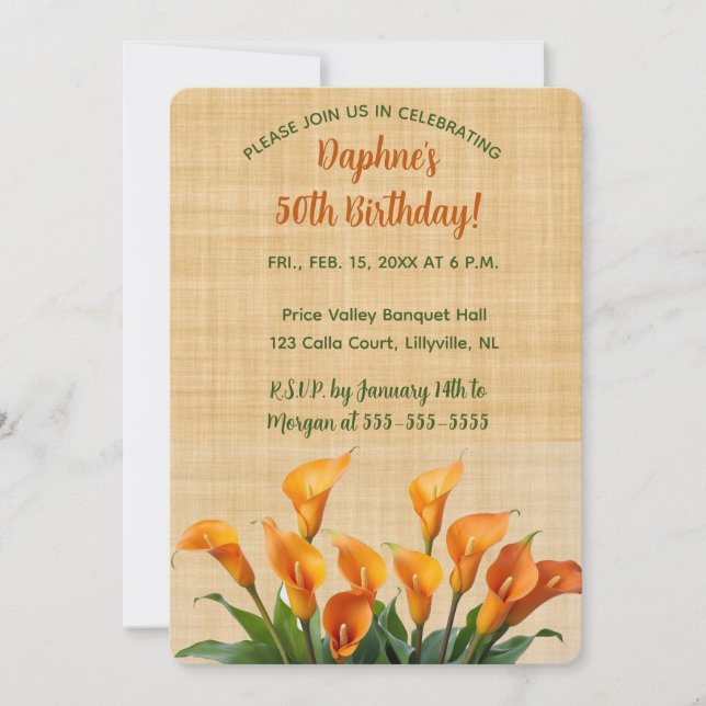 Editable Calla Lilies on Beige Linen Invitation (Front)