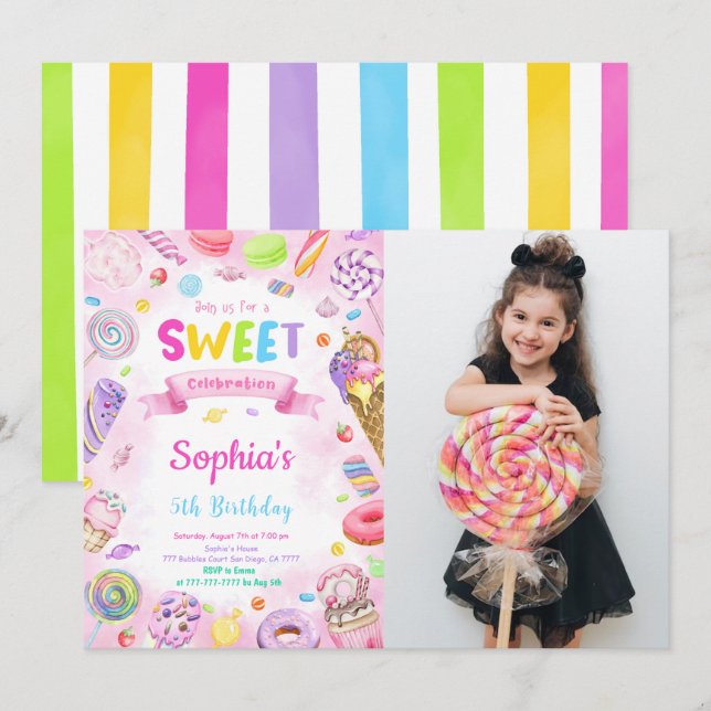 Editable Candy Birthday Photo Invitation (Front/Back)