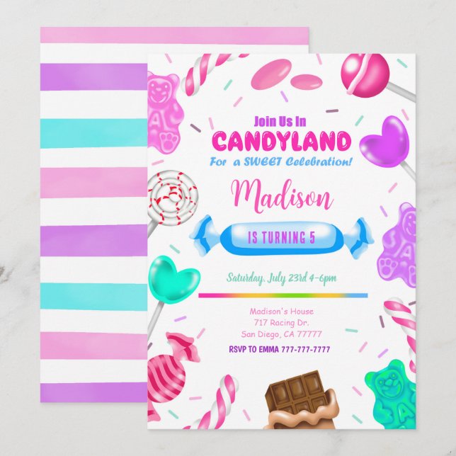 Editable Candy land Birthday Invitation (Front/Back)