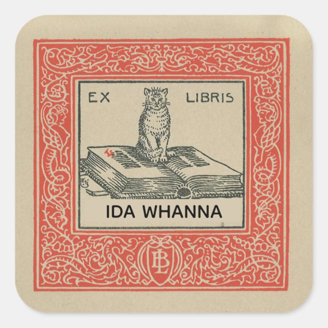 Editable Cat on a Book With Red Ornamental Border Square Sticker (Front)