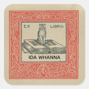 Editable Cat on a Book With Red Ornamental Border Square Sticker