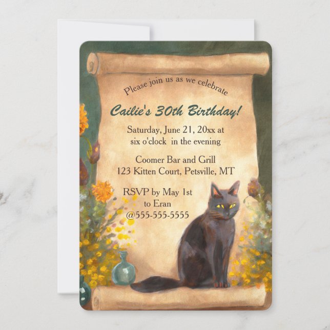 Editable Cat Scroll and Flowers Invitation (Front)