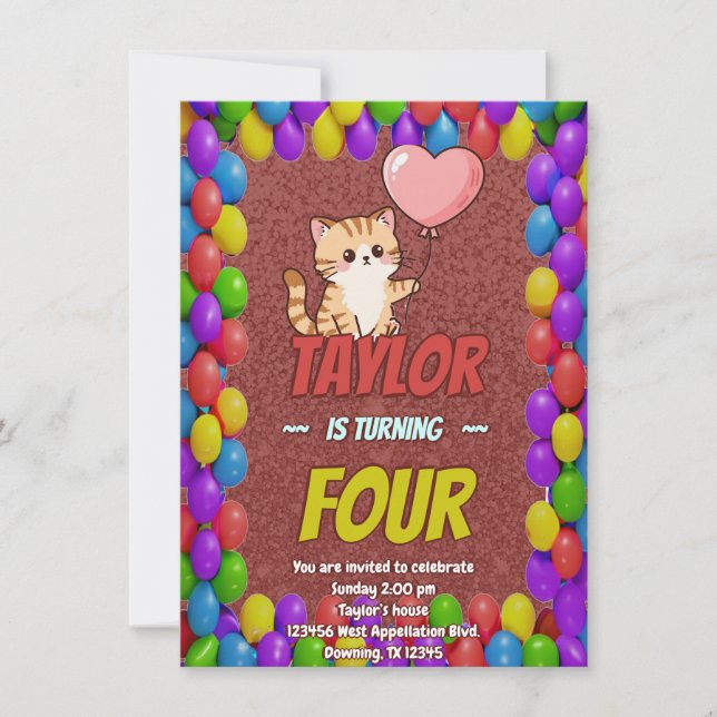Editable Cat-Themed Birthday Invitation Balloon (Devant)