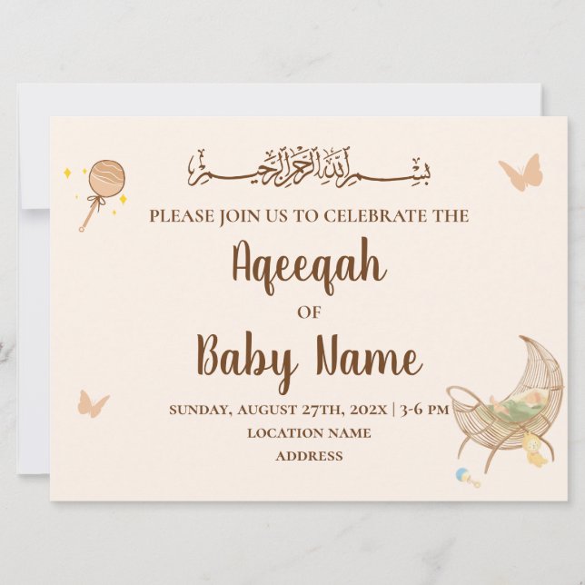 Editable Chic Neutral Aqeeqah Invitation Card (Front)
