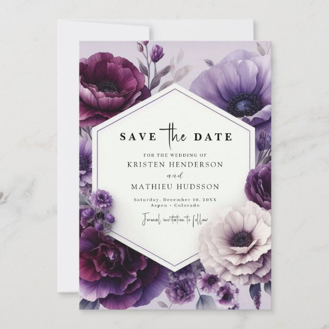 Editable Chic Purple Floral Wedding  Save The Date (Front)