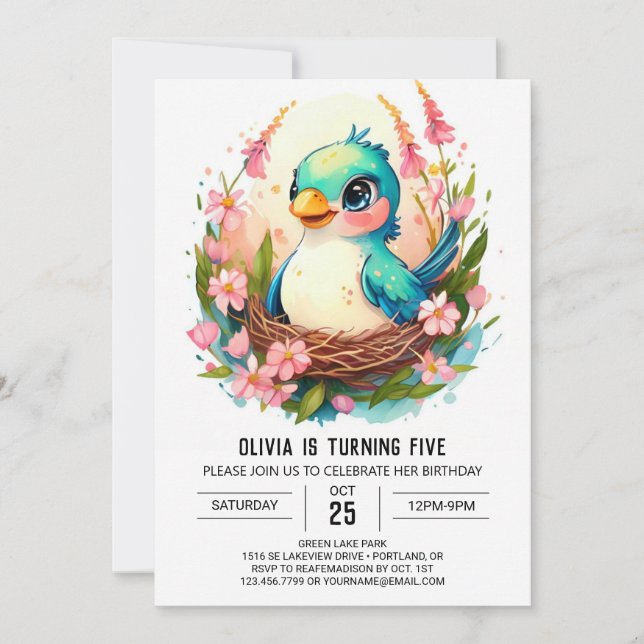  Editable Children Bird Birthday Invitation (Front)