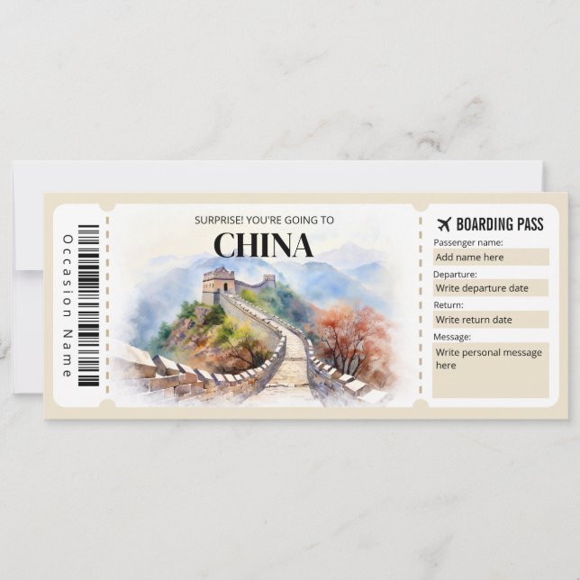 Editable China Boarding Pass Plane ticket Invitation (Front)