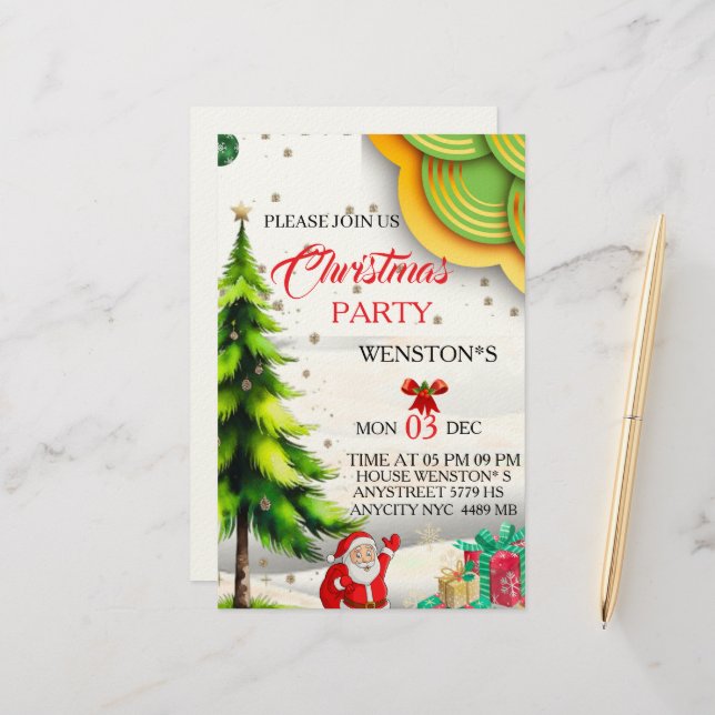 Editable Christmas Party Invitation, Printable  Stationery (Front/Back In Situ)
