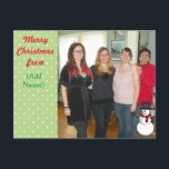 Editable Christmas Post Card with Snowman<br><div class="desc">Add your own names,  and photo to this cute post card. It's so easy to mail out post cards and add your own touch by putting your favorite family picture on it!</div>
