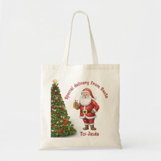 Editable Christmas Tree Santa With Present Tote Bag