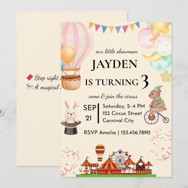 Editable Circus Birthday Invitation (Front/Back)