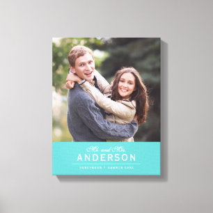 EDITABLE COLOR Cursive Mr & Mrs Family Name Photo Canvas Print