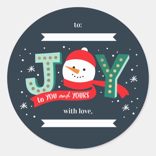 EDITABLE COLOR Joyful Snowman Holiday Gift Sticker (Front)