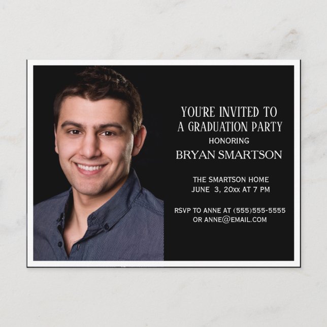 Editable Colour Black Graduation Party Photo Invitation Postcard (Front)