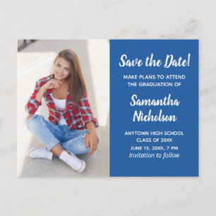 Editable Colour Blue Graduation Photo Save Date Announcement Postcard