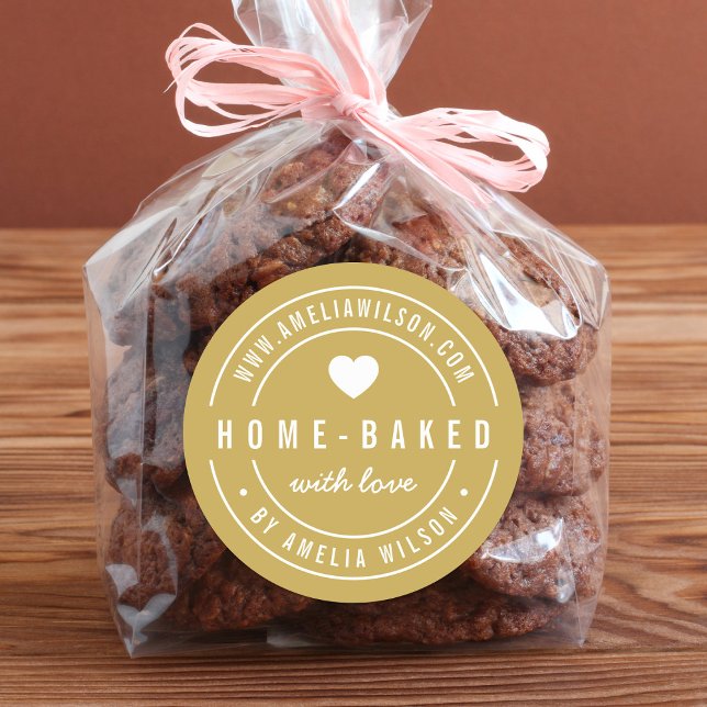 EDITABLE Colour Bold Home-baked With Love Heart Classic Round Sticker (Creator Uploaded)