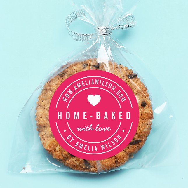 EDITABLE Colour Bold Home-baked With Love Heart Classic Round Sticker (Creator Uploaded)