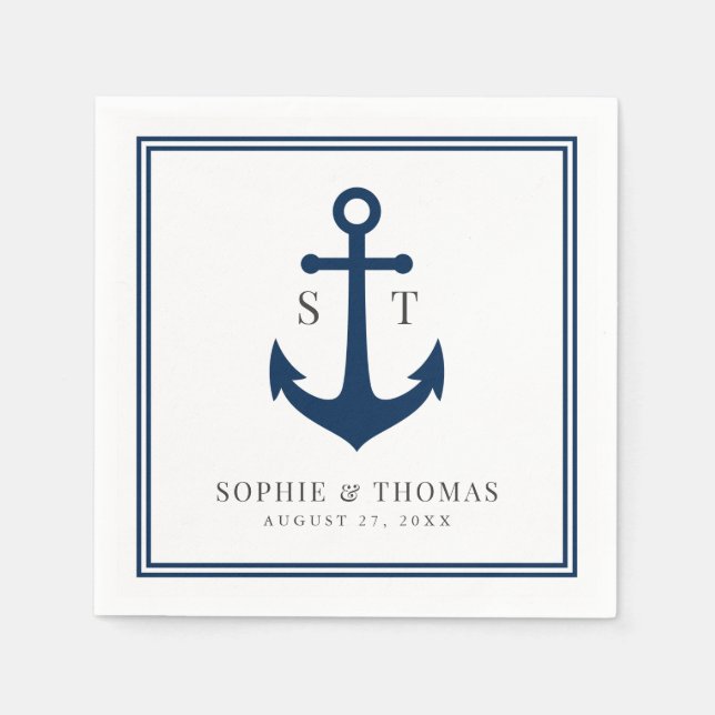 Editable Colour Border Monogram Anchor Wedding Napkin (Front)