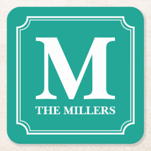 Editable Colour Family Name Bar Pub Diner Monogram Square Paper Coaster