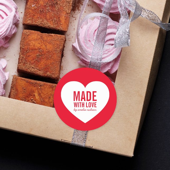 Editable Colour Made with Love White Heart Classic Round Sticker (Creator Uploaded)