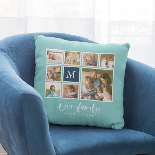 Editable Colour Monogram Our Family Photo Collage Throw Pillow