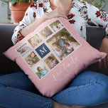 Editable Colour Monogram Our Family Photo Collage Throw Pillow<br><div class="desc">Monogram pillow featuring the words "Our Family" in a stylish script with 8 square photos arranged in a grid layout with a white border around them on the front and back side making it 16 photos in total that you can replace with you own photos all against an editable background...</div>