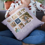 Editable Colour Monogram This is Us Photo Collage Throw Pillow<br><div class="desc">Monogram pillow featuring the words "this is us" in a stylish script with 8 square photos arranged in a grid layout with a white border around them on the front and back side making it 16 photos in total that you can replace with you own photos all against an editable...</div>