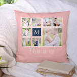 Editable Colour Monogram This is Us Photo Collage Throw Pillow<br><div class="desc">Monogram pillow featuring the words "this is us" in a stylish script with 8 square photos arranged in a grid layout with a white border around them on the front and back side making it 16 photos in total that you can replace with you own photos all against an editable...</div>
