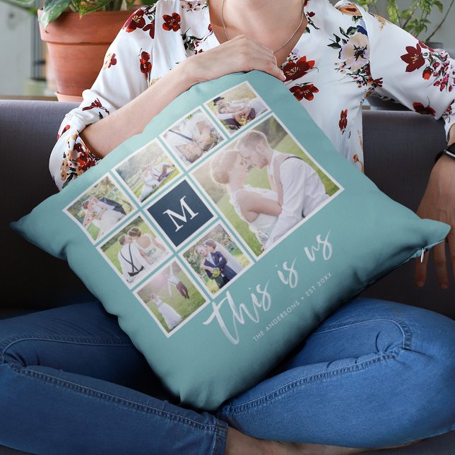 Editable Colour Monogram This is Us Photo Collage Throw Pillow (Creator Uploaded)