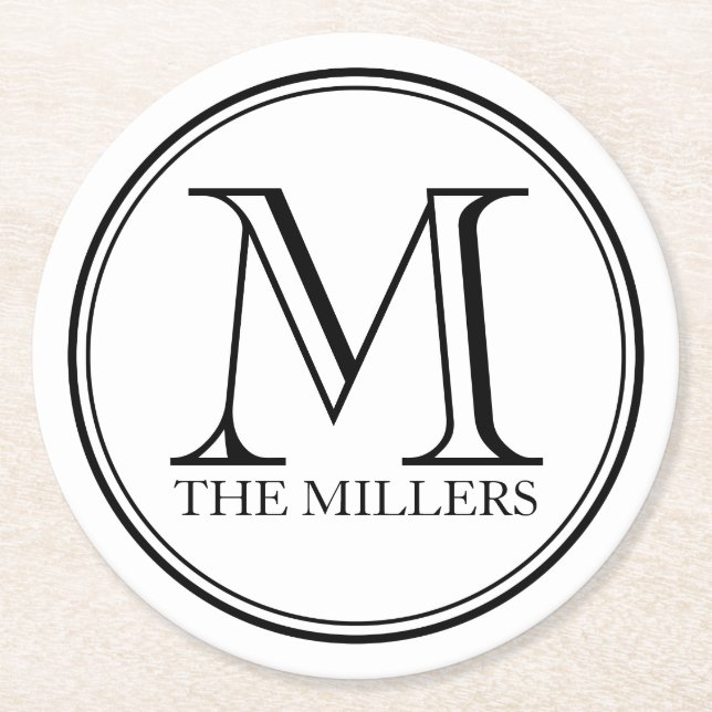 Editable Colour Name / Bar / Diner Round Monogram Round Paper Coaster (Front)