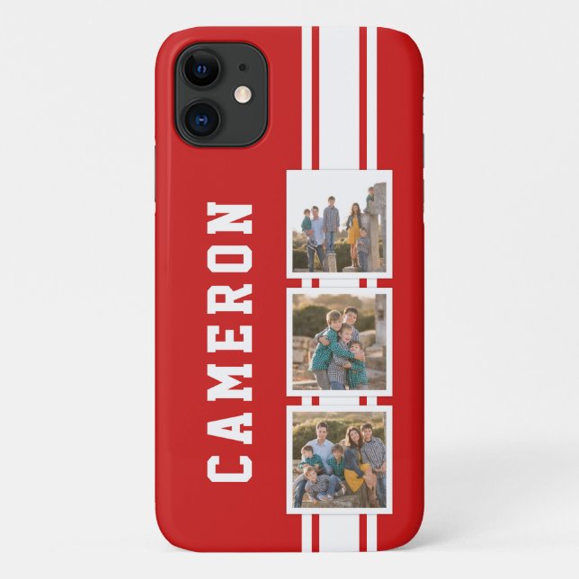 Editable Colour Sporty Varsity White Stripes Photo Case-Mate iPhone Case (Back)