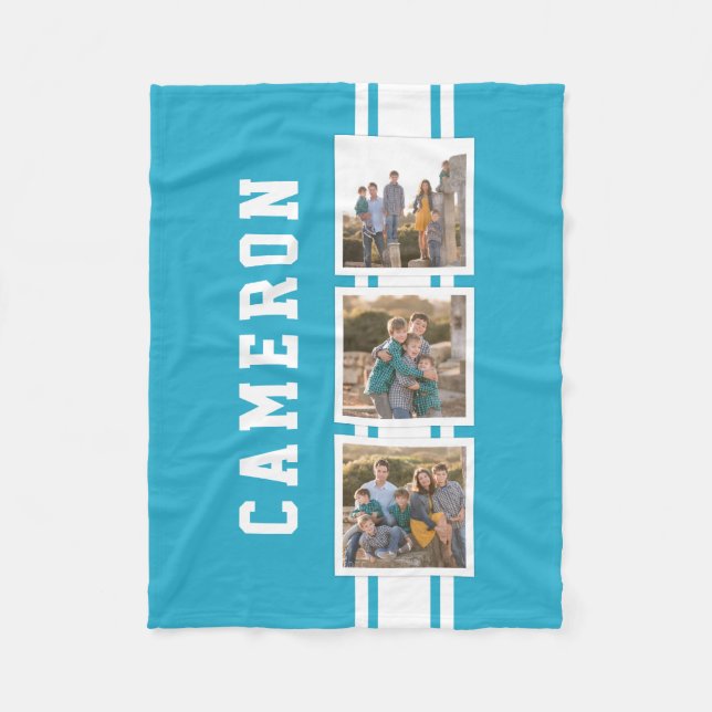 Editable Colour Sporty Varsity White Stripes Photo Fleece Blanket (Front)