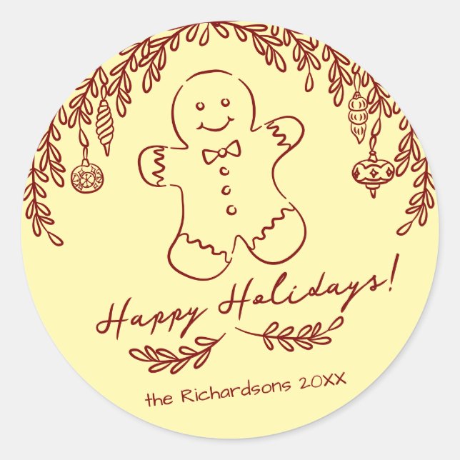 Editable Colour Whimsical Gingerbread Cookie Doodl Classic Round Sticker (Front)