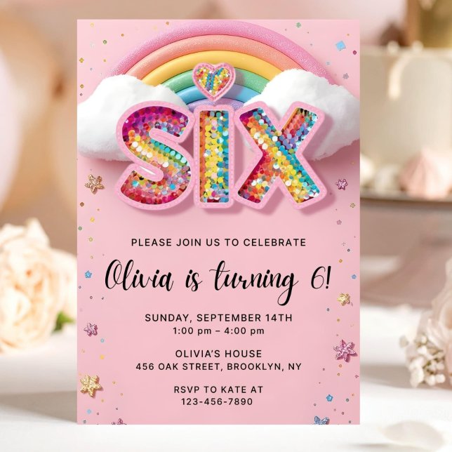 Editable Colourful Rainbow Sequin 6th Birthday Inv Invitation (Creator Uploaded)