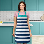 Editable Colours with White Stripes Add Name Apron<br><div class="desc">Personalized Apron featuring a white stripes pattern with an editable background colour, click the customize button for access. To change the blue colour, select background colour and change its colour. To change the turquoise colour, select rectangle layer and change its fill colour. You can even change the strap colour (accessible...</div>