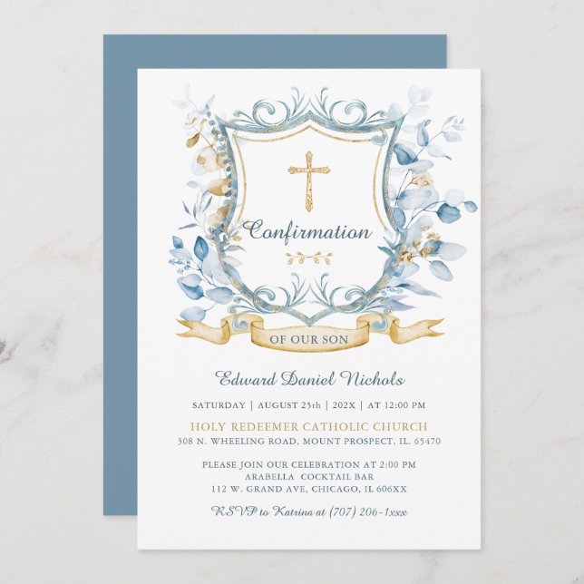  Editable Confirmation Blue and Gold Monogram  Invitation (Front/Back)