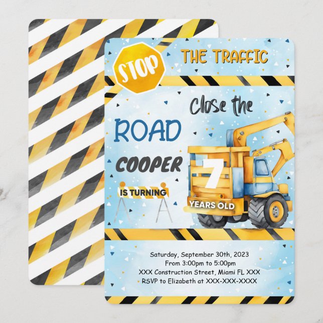 Editable Construction Birthday Party  Invitation (Front/Back)