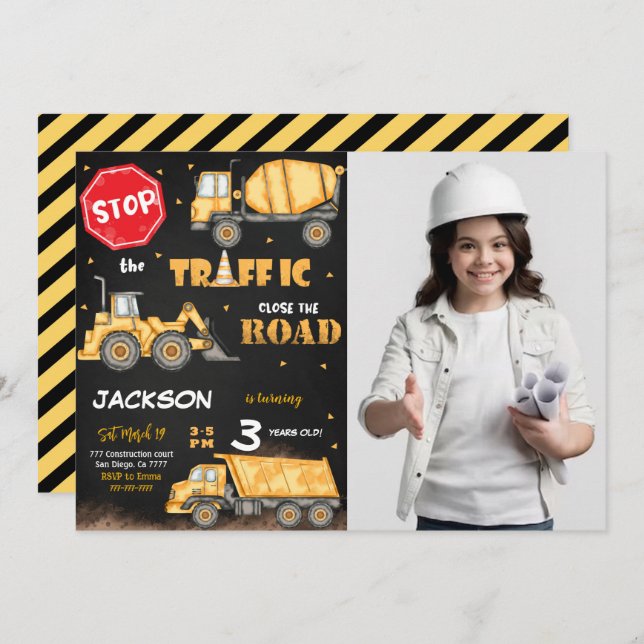 Editable Construction Birthday Photo Invitation (Front/Back)