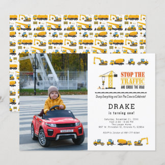 Editable Construction Trucks Theme Photo Birthday Invitation