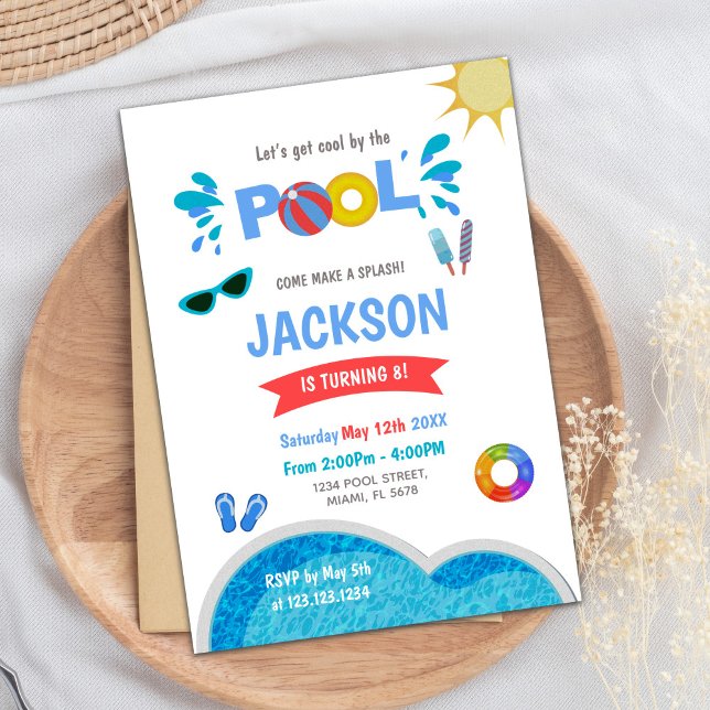 Editable Cool Summer Swim Party Invite (Blue sunglass Pool Birthday Invitations)