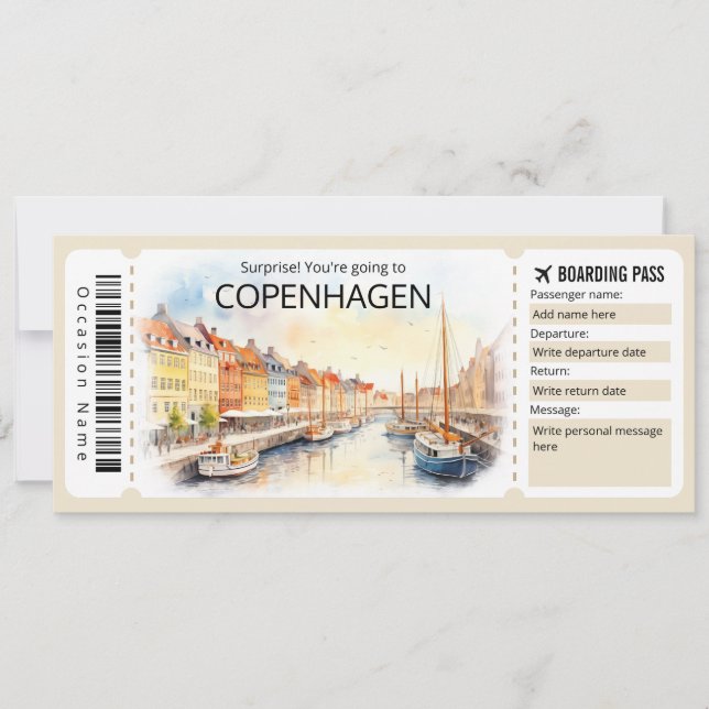 Editable Copenhagen Plane ticket, Denmark Trip Invitation (Front)