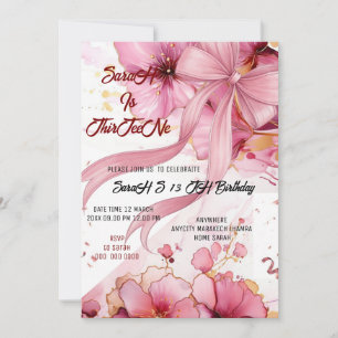 Editable Coquette Pink Bow Birthday Invitation, Pi Invitation