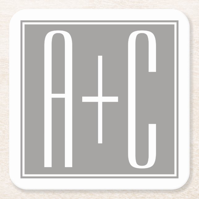 Editable Couples Initials | White & Grey Square Paper Coaster (Front)