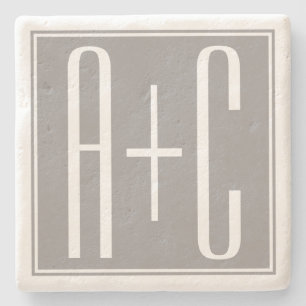 Editable Couples Initials White & Grey Stone Coaster