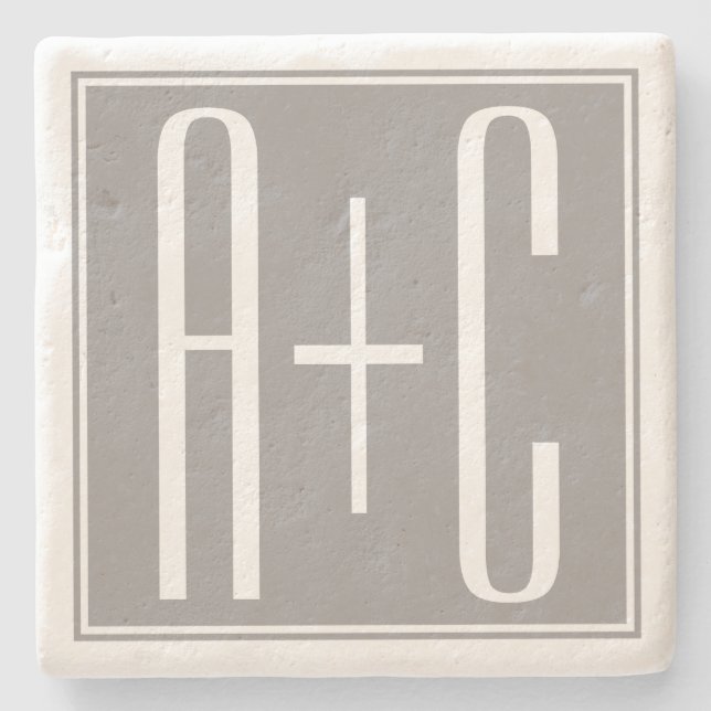 Editable Couples Initials | White & Grey Stone Coaster (Front)